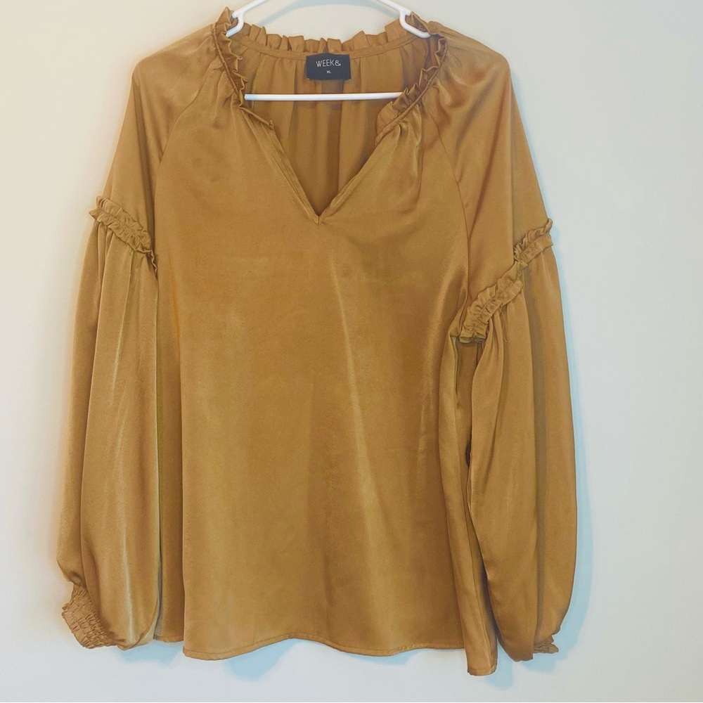 Women's Chic Gold Satin Blouse with detailed bubble sleeves
